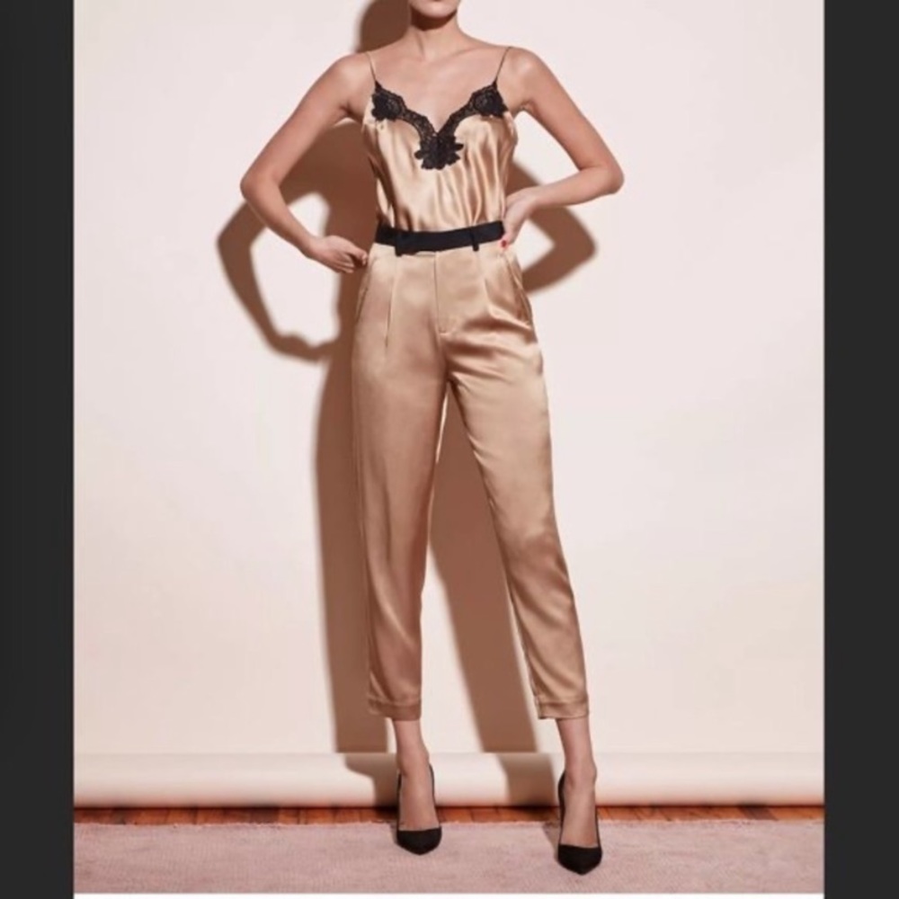 Fleur Du Mal Moonstone Gold 100% Silk Black Waistband Tapered Pants.